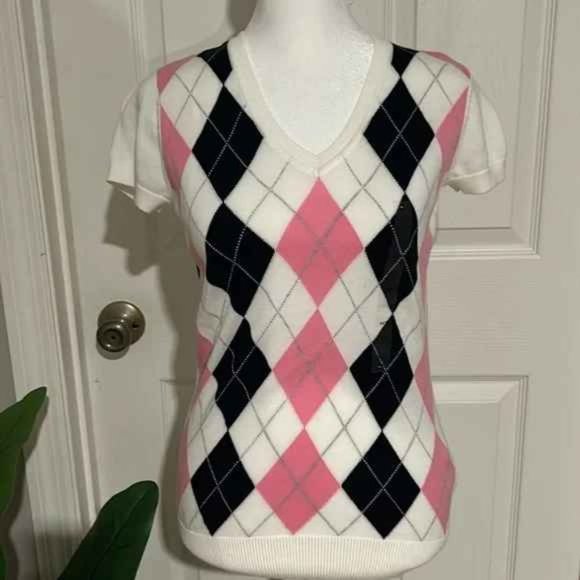Tommy Hilfiger V-Neck Argyle Short Sleeve Shirt -Y2K- NWT Size: XS - Picture 1 of 5